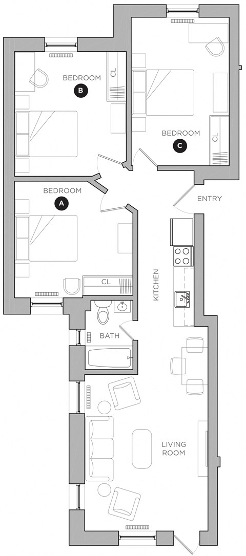 Floor plan for 3 beds, 1 bath, 437 sqft